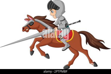 Chevalier de dessin animé à cheval avec lance et bouclier Illustration de Vecteur