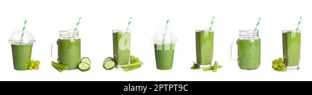 Set avec différents smoothies savoureux sur fond blanc. Bannière Banque D'Images