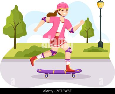 Skateboard Illustration avec des skateboarders Jump utilisation de la planche sur Springboard dans Skatepark dans Extreme Sport Flat style dessin dessin animé à la main modèles Illustration de Vecteur