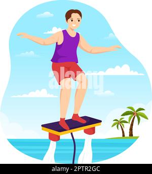 Flyboard Illustration avec les gens Riding Jet Pack en été Plage vacances dans l'eau extrême plate Sport activité dessin main modèles Illustration de Vecteur