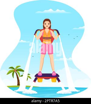 Flyboard Illustration avec les gens Riding Jet Pack en été Plage vacances dans l'eau extrême plate Sport activité dessin main modèles Illustration de Vecteur