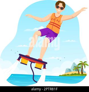 Flyboard Illustration avec les gens Riding Jet Pack en été Plage vacances dans l'eau extrême plate Sport activité dessin main modèles Illustration de Vecteur