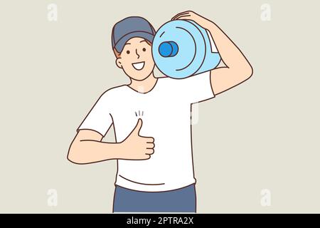 Homme souriant avec une grande bouteille d'eau montrer le pouce vers le haut. Un messager ou un livreur heureux de sexe masculin recommandent le service de livraison d'eau embouteillée. Illustration vectorielle. Banque D'Images