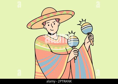 Latino homme en costume national, sombrero joue des maracas. Guy dans une tenue mexicaine traditionnelle, chapeau à large bord, tient chac-chac, shakers ou hochets cubains Banque D'Images