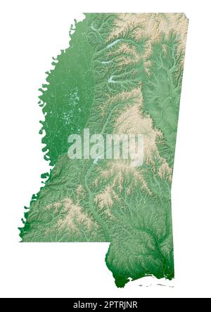 L'État américain du Mississippi. Rendu 3D très détaillé d'une carte de relief ombré avec des plans d'eau. Coloré par élévation. Créé avec des données satellite. Banque D'Images