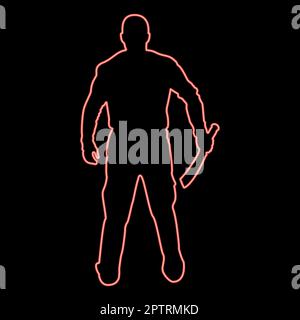 Neon man avec une machette d'épée armes froides en main militaire Soldier Serviceman dans les positions Hunter avec le combat de couteau pose le défenseur solide Warrior concept arme Stand vue de l'arrière terrible et effrayant rouge vecteur de couleur illustration style plat Illustration de Vecteur