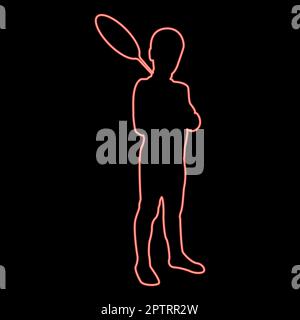 Neon boy tient une raquette de badminton mignon jeune enfant tenant debout jouet shuttlecock Happy concept adolescent action sport d'été Camp concept Kid va jouer avoir amusant rouge vecteur illustration image style plat Illustration de Vecteur