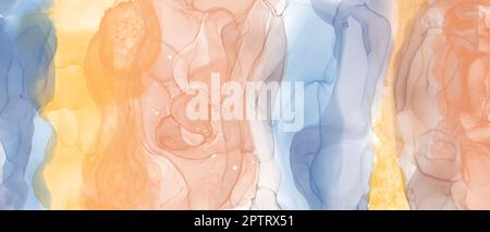 Alcool encre art multicolore résumé arrière-plan pour l'automne. Bandes jaunes, bleues, marron et orange. Bannière horizontale de conception moderne. Liquide, fumée et h Banque D'Images