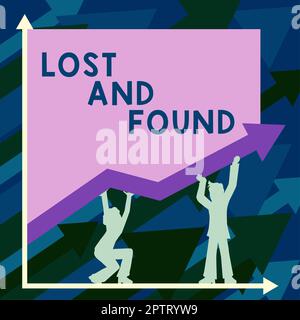 Affiche textuelle montrant perdu et trouvé, Word écrit sur place où vous pouvez trouver des choses oubliées Service de recherche Banque D'Images