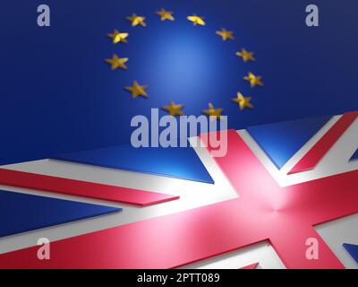 Brexit. Drapeau du Royaume-Uni devant celui de l'Union européenne. Conception géométrique métallique. Rendu 3D numérique. Banque D'Images