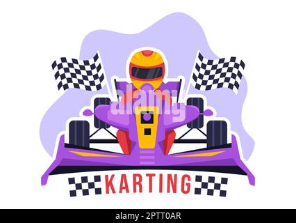 Karting Sport avec jeu de course Go Kart ou Mini car sur piste de petit circuit en dessin animé à la main dessin animé à plat Illustration du modèle Banque D'Images