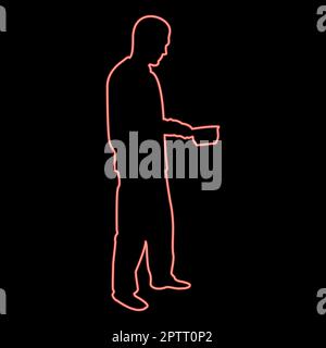 Neon homme avec une casserole dans ses mains préparer la nourriture cuisine masculine utiliser des saucières rouge couleur vecteur illustration image style plat Illustration de Vecteur