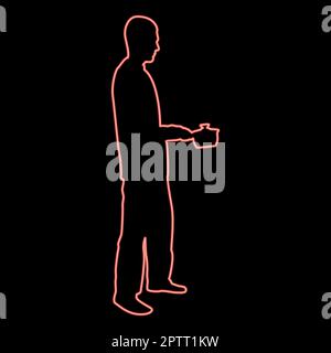 Neon homme avec une casserole dans ses mains préparer la nourriture cuisine masculine utiliser des saucières rouge couleur vecteur illustration image style plat Illustration de Vecteur