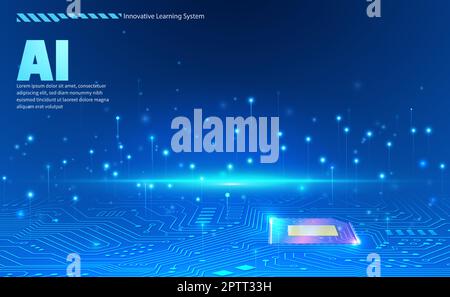 Jeu de puces ai concept sur carte de circuit imprimé dans un style futuriste dégradé bleu brillant point élégant arrière-plan Illustration de Vecteur