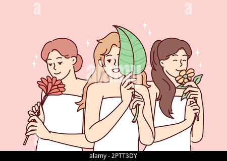 Des femmes heureuses enveloppées de serviettes après un agréable soin spa et tenant des plantes naturelles. Image vectorielle Illustration de Vecteur