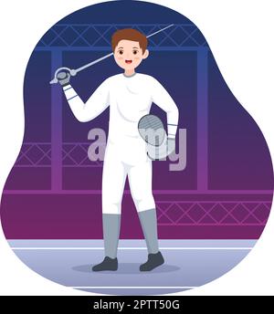 Escrime joueur Sport Illustration avec Fencer Fighting on Piste et épée Duel épreuve de compétition dans le dessin à la main de dessin à plat Illustration de Vecteur