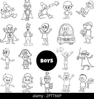 cartoon teen and elementary age boys set coloring book Stock Vector