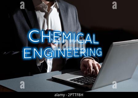 Légende du texte Présentation du génie chimique, mot pour le développement de choses traitant de l'application industrielle de la chimie Banque D'Images