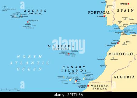 Açores, Madère et îles Canaries, régions autonomes, carte politique Illustration de Vecteur