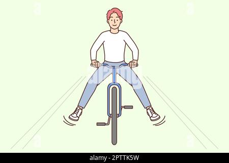 Un jeune homme plein de joie à faire du vélo en plein air. Un homme souriant s'amuse à faire une balade à vélo dans la rue. Activités le week-end à l'extérieur. Illustration vectorielle. Banque D'Images