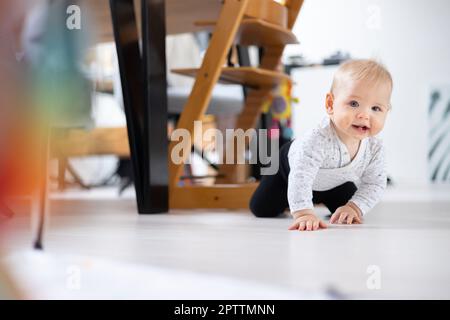 Mignon bébé bébé garçon rampant sous la table de salle à manger à la maison. Bébé jouant à la maison. Banque D'Images