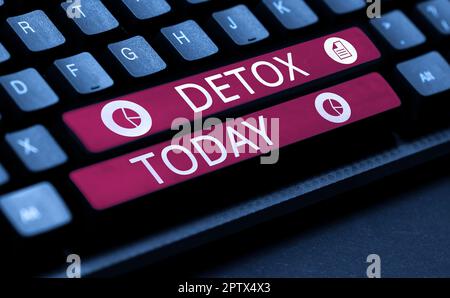 Texte signe montrant Detox, mot écrit sur le moment pour l'alimentation Nutrition santé traitement de toxicomanie nettoyer Banque D'Images