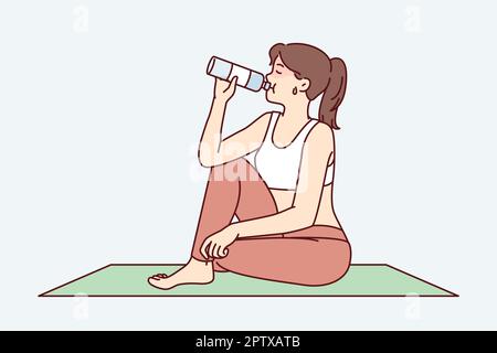 Femme fatiguée assise sur un tapis de yoga et de l'eau potable à temps pour une pause entre les exercices. Image vectorielle Illustration de Vecteur