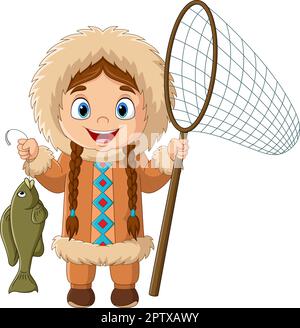 Dessin animé eskimo fille attrapant un poisson avec filet Illustration de Vecteur