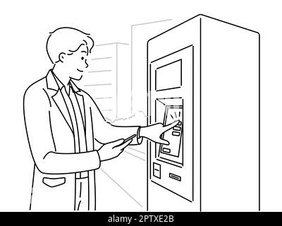 Un jeune homme achète un billet en machine à la gare. Souriant homme appuyer sur les boutons en utilisant l'automate pour les billets à l'arrêt. Illustration vectorielle. Banque D'Images