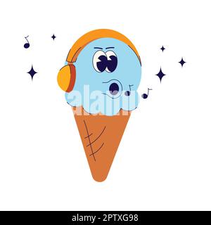 Glace dans un cône écoute la musique, groovy Retro imprimé des années 70. illustration pour tee-shirt, t-shirt et autocollant - motif poster. Caractère funky Ice Cream co Illustration de Vecteur