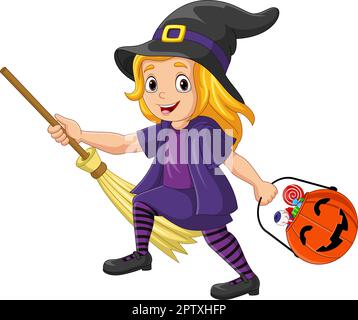 Petite sorcière de dessin animé portant un panier de bonbons dans un panier de citrouille. Petite fille portant sorcière halloween costume tenant balai Illustration de Vecteur