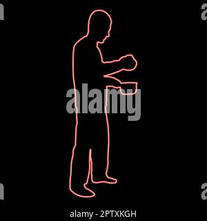 Neon homme avec une casserole dans ses mains préparer la nourriture cuisine masculine utiliser des sauciers avec couvercle ouvert rouge couleur vecteur illustration image style plat Illustration de Vecteur