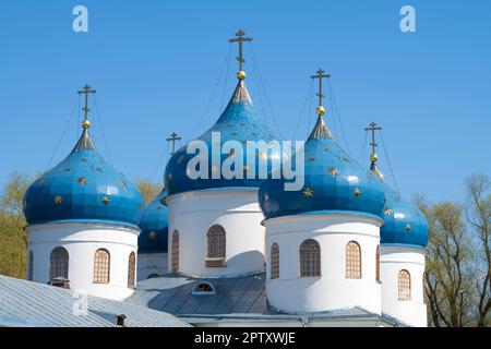 Dômes de l'ancienne cathédrale en l'honneur de l'Exaltation de la Sainte Croix du Monastère Yuriev (George le Monastère victorieux) en gros plan sur un su Banque D'Images