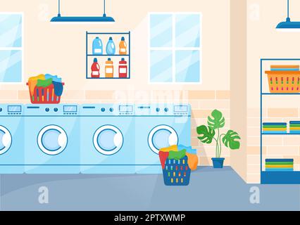 Nettoyage à sec Service du magasin avec machines à laver, séchoirs et buanderie pour vêtements propres en dessin à la main dessin à la main dessins à la main Illustration Illustration de Vecteur