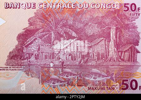 Village de pêcheurs le long du fleuve Congo de l'argent congolais - franc Banque D'Images