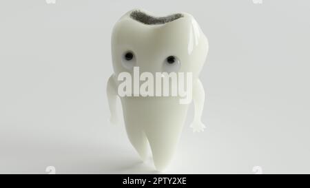 Une dent de bande dessinée malheureuse regarde sa maladie de caries -- 3D rendu Banque D'Images