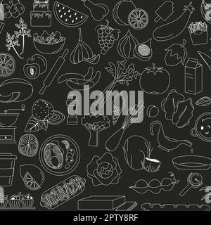 Fond de marché de l'agriculteur avec icônes de ligne. Fruits, légumes, œufs, viande et poisson - illustration vectorielle Banque D'Images