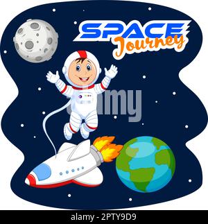Un astronaute de dessin animé avec une fusée et des planètes Illustration de Vecteur