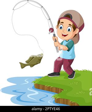 Dessin animé petit garçon pêche sur le lac Illustration de Vecteur