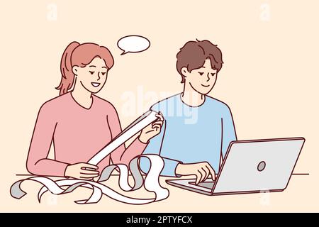 Le couple paie les factures en ligne sur ordinateur Illustration de Vecteur