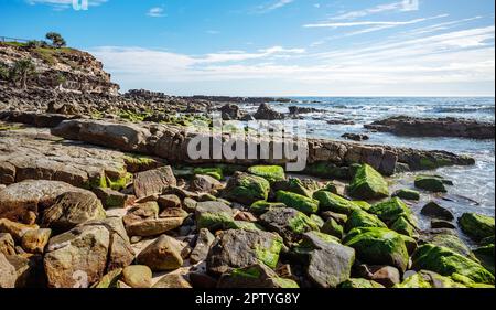 Belvédère et promontoire rocheux à point Arkwright, Coolum, Sunshine Coast, Queensland, lors d'une journée ensoleillée avec ciel bleu nuageux et eau bleue Banque D'Images