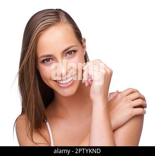 Shes a eu cette beauté saine. une jeune femme naturellement belle isolée sur blanc Banque D'Images