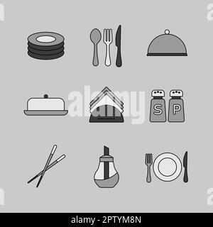Ensemble d'icônes de niveaux de gris vectoriels du restaurant. Panneau indiquant les repas servis. Symbole graphique pour le site Web de cuisine et la conception d'applications, le logo, l'application, l'interface utilisateur Banque D'Images