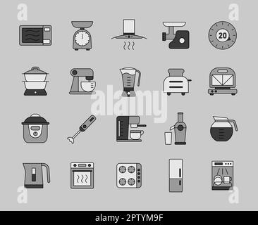 Appareils de cuisine équipement électrique électronique outil vecteur échelle de gris ensemble d'icônes. Symbole graphique pour le site Web de cuisine et la conception d'applications, le logo, l'application, l'interface utilisateur Banque D'Images