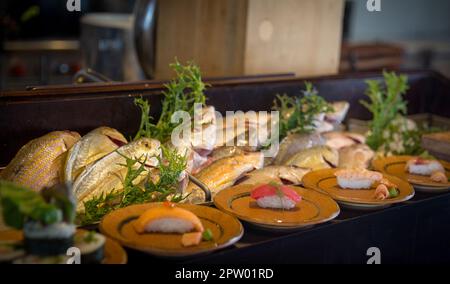 Présentation de poissons et de divers types de sushis Banque D'Images