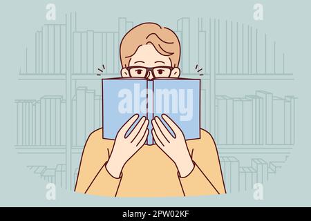 Homme en lunettes lisant le livre dans la bibliothèque Illustration de Vecteur