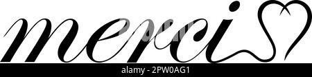 Merci en français. Lettres Black Vector avec coeur. Dos blanc. Illustration de Vecteur