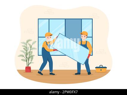 Service d'installation de fenêtres et de portes avec un employé pour la réparation et la rénovation à domicile utiliser les outils du dessin main du dessin animé à plat Illustration du modèle Banque D'Images