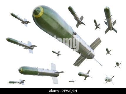 3d faire l'illustration d'un essaim de roquettes d'avion de l'époque de la guerre mondiale. Arrière-plan isolé. Banque D'Images