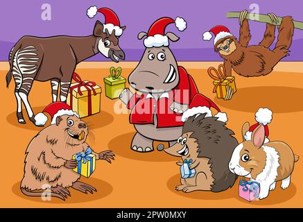 Groupe de personnages d'animaux de bande dessinée avec des cadeaux de Noël Illustration de Vecteur
